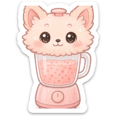 soft kawaii fluffy fox blender with transparent body and fruity smoothie inside, sparkling eyes, pastel pink, full-body sticker