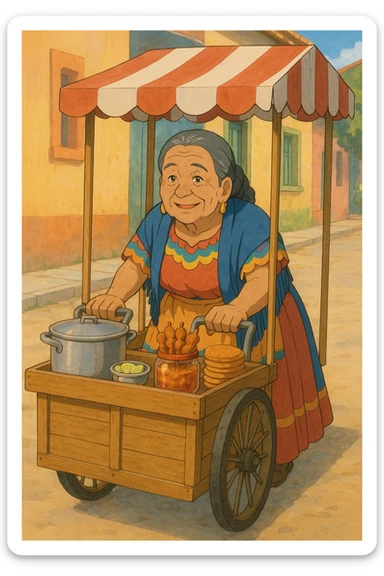 old Mexican lady pushing a food cart, warm and friendly, traditional dress, vibrant colors, street vendor, detailed, no text, ghibli style sticker