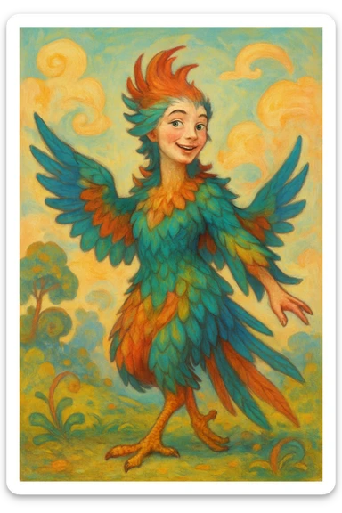 hybrid bird woman with mostly bird features, fantasy style, any bird species, whimsical and playful, colorful feathers, lighthearted expression sticker