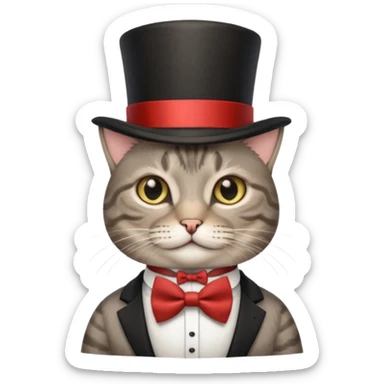 Grey tabby cat in top hat and bow tie sticker