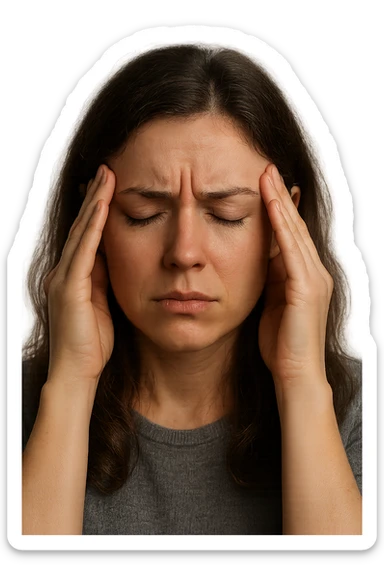 donna con  espressione ansiosa che si tocca le tempie con gli occhi chiusi, iperrealistiche 4k sticker