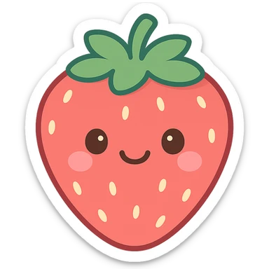 A series of illustrations stawberry in a kawaii emoji style, with detailed shading and highlights, thin clean outlines, soft and rounded features. Pastel color palette using  #FF5B5B, #CE4C4C,#CE4C4CThe style is inspired by modern Japanese pop art and sticker aesthetics. Highly detailed, vector clarity, soft lighting and subtle shadows. Transparent background without background. sticker