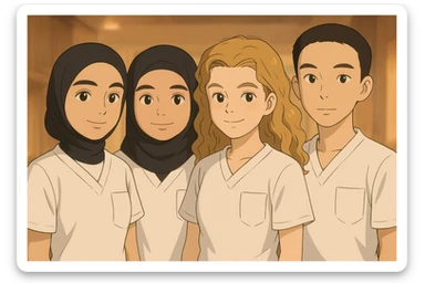 Four nursing students side by side in a warm indoor setting, wearing white medical uniforms with short sleeves, V-neck collar, no collar at the neck, no undershirts, left chest pocket, with a blurred background, in Ghibli style. sticker
