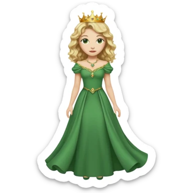 Queen, crown, blonde wavy hair, green eyes, long green narrpw dress, whole Body, sticker
