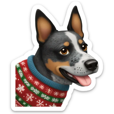 Queensland blue heeler with black and brown patch on side of face in a Christmas sweater  sticker
