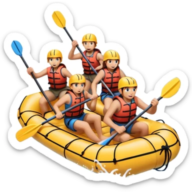 A group of adventurers paddling a raft through wild, fast-moving river rapids. The scene includes splashing water, rugged rocks, and intense action, emphasizing the excitement and teamwork of rafting in challenging conditions. sticker
