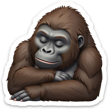Meme-Worthy cute Sleeping Gorilla Portrait Emoji, Head resting peacefully with a contented smile, showcasing a luxuriant, thick Fur and eyes gently closed in serene slumber, Simplified yet hilariously adorable features, highly detailed, glowing with a soft, drowsy jungle light, high shine, relaxed and utterly lovable, stylized with an air of playful laziness, bright and heartwarming, soft glowing outline, capturing the essence of a sleeping gorilla that feels destined to become the next viral sensation of adorable rest! sticker