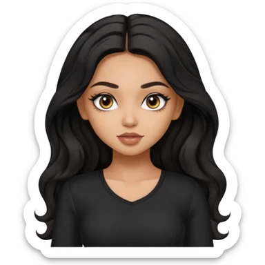 a pretty bratz dusky girl with long wavy black hair, kajal under eyes, black full sleeve  top sticker