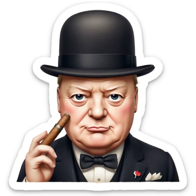 Cinematic Realistic Winston Churchill Portrait Emoji, depicted as a resolute British statesman with a signature bowler hat and a cigar, exuding determined leadership and wartime valor, rendered with lifelike textures and dramatic vintage lighting that captures his iconic British spirit. sticker