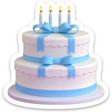 white birthday cake with light blue ribbons, soft shading, festive sticker