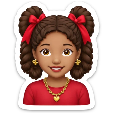 Brownskin girl dark brown hair fluffy. pigtails with red bows brown eyes smiling closed mouth red shirt gold esrrings gold necklace sticker