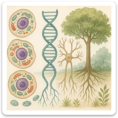 A realistic biological illustration (like in a school book) showing: DNA strands transitioning into a tree, cells with visible organelles, neurons connected to plant roots  and a balanced ecosystem background . Seamless integration, no labels or borders. Scientific color scheme, detailed but minimalist. sticker