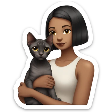 a girl with a dark bob haircut holds two sphinx cats in her hands, one cat is pink, the other is black and white sticker