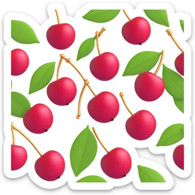 3d emoji of a cherry with two cherries and a leaf, glossy red cherries with gold stems and green leaves, realistic texture and lighting sticker