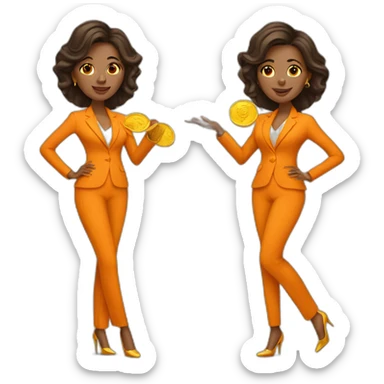 Posh-woman-with-orange-suit-holding-golden-coins sticker