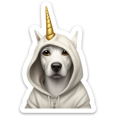 A dog wearing a hoodie with a unicorn horn sticker