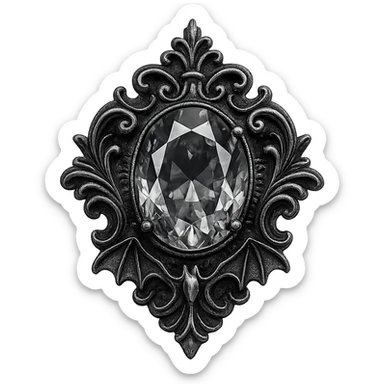 jeweled brooch in aristocrat goth style, silver and black, gothic motifs, sparkling gem sticker