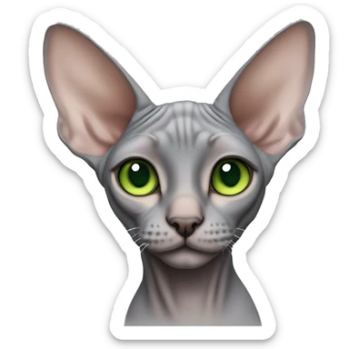 Please make an emoji of a cute grey sphynx cat with green eyes with little bit of fur on his ears sticker