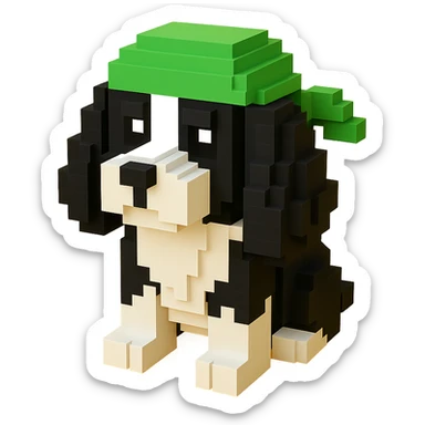 A black and white Russian Cocker Spaniel puppy wearing a green durag, voxel style, sitting sticker