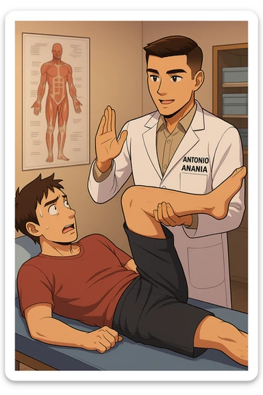 fai un webtoon manga a colori con questo stile, in cui un uomo è steso sul lettino medico e il kinesiologo con il camice bianco (fagli anche la scritta "ANTONIO ANANIA" SUL CAMICE, gli solleva una gamba per fargli il test neuromuscolare, IL KINESIOLOGO SPIEGA ALL'UOMO UNA cosa mentre gli alza la gamba. non fare i fumetti però, fai solo in modo che sembri stiano parlando sticker
