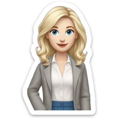 pale skin woman interior designer with cold blonde middle length hair, blue eyes, White blouse, Gray oversize jacket, Gray skirt holding a color palette in the hands sticker