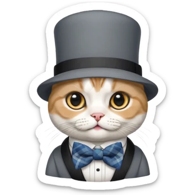 Cinsi scottish fold olan rengi Gri beyaz olan şapka ve papyon takan kedi sticker