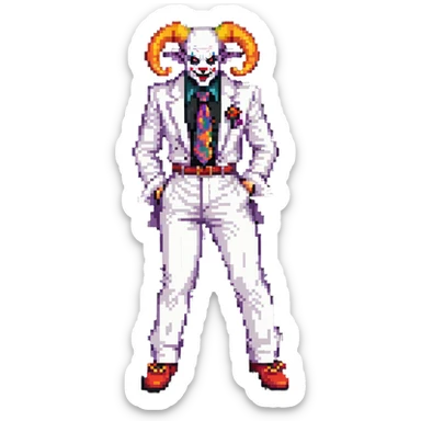 full-body demonic clown in a white leisure suit with bellbottom pants, bald, black ram horns, elevator shoes, flashy belt, ruffled shirt, colorful tie sticker