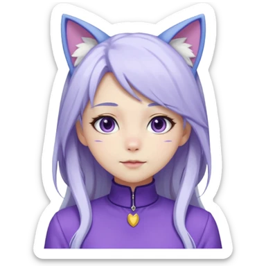 female anime character with long white hair and periwinkle highlights and cat ears on her head. She is wearing a purple outfit with a high neckline and long sleeves.  sticker