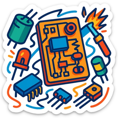 bold colors and dynamic lines showing electronic components, electronics engineering concept, vibrant toon style sticker
