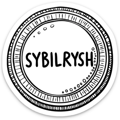 A gold textured coin with the text "SYBILRYSH" inscribed in the center. The coin has a rim with detailed gold grain pattern and metallic shine. sticker