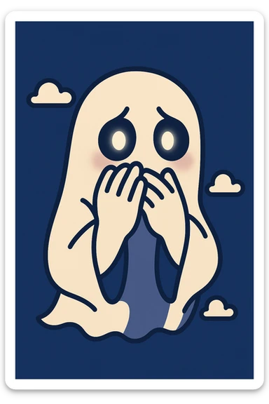 2D horror emoji with shy expression, timid ghost peeking from behind its hands, faint blush, eerie glowing eyes sticker