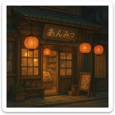 Cozy anime storefront with traditional Asian elements, warm lighting, hanging lanterns, shop sign in Japanese style, Studio Ghibli style sticker