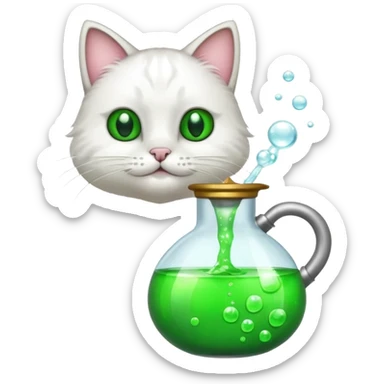 Sleek cat wearing a white coat, paw on a bubbling flask. sticker