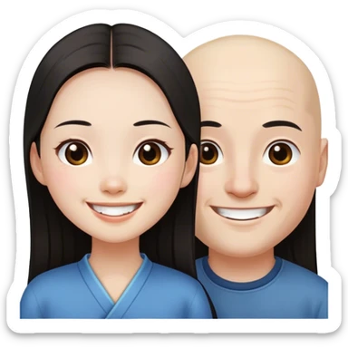 Long dark hair Chinese girl loves bald white boy sticker