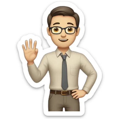To belt Actively gesturing with hands Pale skinned fit man teacher with dark brown hair in gray jacket, beige office shirt, brown tie, brown pants and vintage glasses. sticker