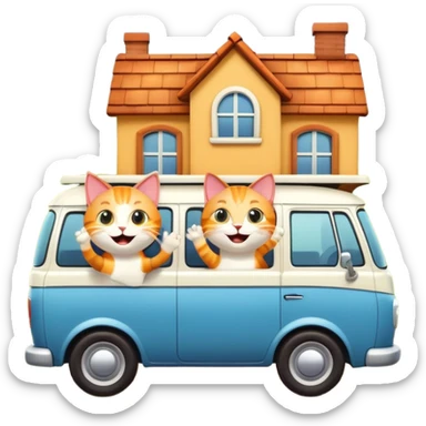 two cartoon cats in a van waving out the window at a small house in the background sticker