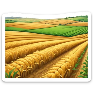A vast, golden field stretching under a bright blue sky, with rows of crops swaying gently in the breeze. The sun casts a warm glow over the landscape, and the land is dotted with patches of green and earthy brown, creating a peaceful, rural atmosphere sticker