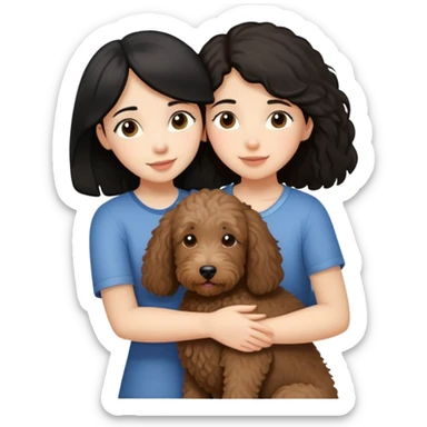 A girl with medium long black hair, hugging A little brown coated labradoodle. sticker