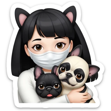 girl with short black straight bangs hair wearing a white mask and hugging a black French bulldog sticker