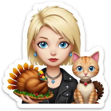 A blonde punk rocker woman with blue eyes with a thanksgiving turkey cat sticker