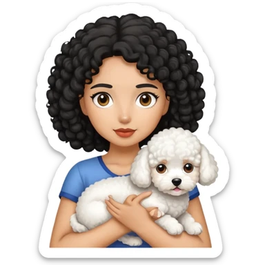 A girl with black curly hair hold a bichon dog sticker