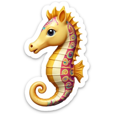 Cinematic Realistic Comical Sea Horse Portrait Emoji, Head tilted dramatically with an exaggeratedly amused expression, featuring a striking, finely detailed body with bold, whimsical patterns and wide, expressive eyes full of playful disbelief, rendered with natural, vibrant hues and realistic texture; high shine, dramatic yet playful, styled with an air of cheeky aquatic mischief, soft glowing outline, capturing the essence of a spirited and over‐the‐top sea horse that looks ready to bob its way into viral fame! sticker