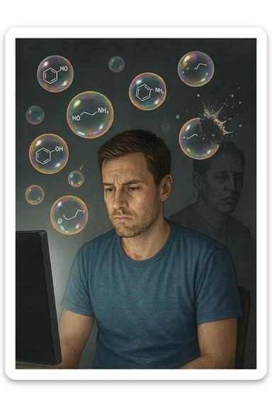 a man sits in front of a glowing screen, with colorful, artificial-looking dopamine molecules floating around his head like soap bubbles. Some bubbles pop and disappear quickly, symbolizing fleeting pleasure. In the background, a shadowy version of the man looks unsatisfied or empty, highlighting the temporary nature of the gratification. realistica con persone vere sticker