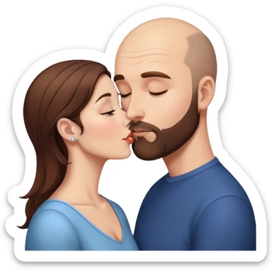 A balding man with brown hair and a short beard, kissing a much shorter thin brunette woman sticker