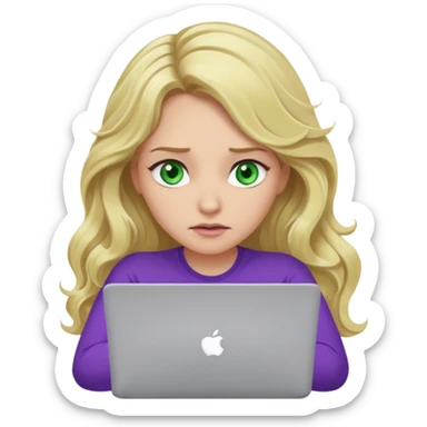 lady with long blonde wavy hair, purple top, green eyes throwing her with a laptop looking exhausted sticker