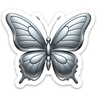 Liquid metal butterfly emoji, silver chrome material, iOS emoji style, smooth curves, reflective surface, elegant and minimal, white background sticker