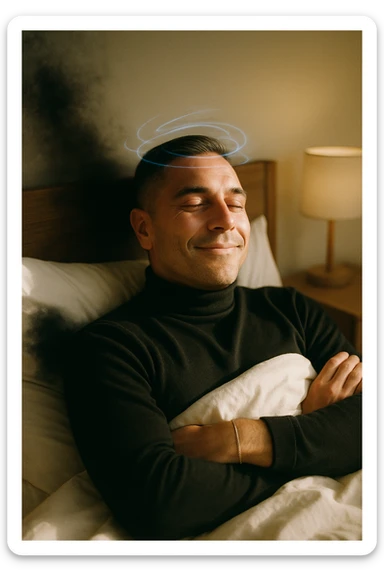 A cinematic image of a man in his mid-30s lying in bed, just waking up from deep sleep. His expression is calm and visibly transformed — a sense of inner peace, relief and subtle joy on his face. Soft morning light enters the room, casting gentle golden tones over his features. His eyes sono ancora semi chiusi, ma il viso è disteso, come se un grande peso fosse stato rilasciato durante la notte. Accanto a lui, simbolicamente sfocato, un’ombra o un alone scuro si dissolve, rappresentando il malessere notturno superato. Intorno alla sua testa, leggere onde di luce azzurra o bianca simboleggiano l’attività cerebrale rigenerativa della fase REM. La camera è ordinata, minimalista, con materiali naturali. L’atmosfera è serena, rigenerativa, intima. Shot in 35mm film style, high realism, shallow depth of field, warm highlights and clean shadows. sticker