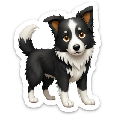 cinematic-[border collie dog]-realistic-full-body-sitting-emoji,-tail-resting-loosely-beside-its-paws,-head-tilted-dramatically,-scruffy-[black and white]-fur,-simplified-yet-realistic-focused-features,-highly-detailed,-glowing-with-an-almost-sarcastic-glow sticker