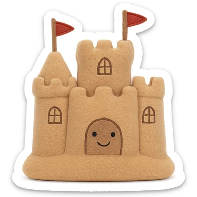 a plush jellycat toy designed as a whimsical sand castle, with embroidered windows and flags sticker