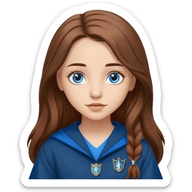 gorgeous Girl with light skin, blue eyes, long brown hair, wears a ravenclaw outfit sticker